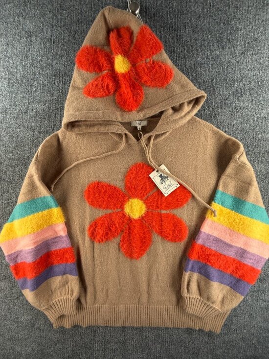 Easel Sweaters - NWT Easel Sweater Beige Colorful Floral Soft Acrylic Blend Large Knit Hooded